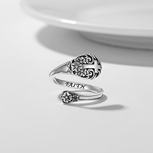 925 Sterling Silver Cross Spoon Ring - Oxidized Vintage Flower Faith Rings Adjustable Size Inspirational Jewelry - Image 5