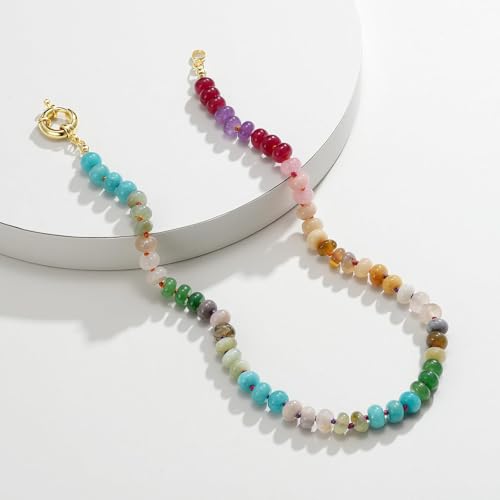 Beaded Gemstone Necklace for Women, Colorful Boho Bead Choker Natural Stone Surfer Beach Necklaces 14K Gold Plated Summer Handmade Jewelry - Image 7