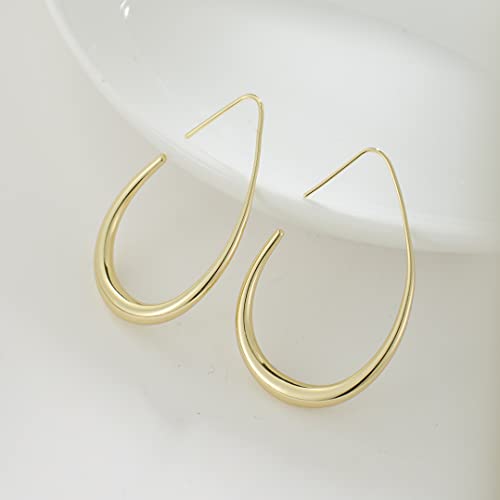 Lightweight Teardrop Hoop Earrings for Women - 14k Gold/White Gold Plated Large Oval Pull Through Hoop Earrings High Polished Statement Jewelry Gift for Women - Image 4