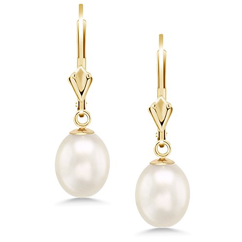 14K Yellow Gold 9MM Cultured Freshwater Pearl Dangle Earrings For Women - Image 3