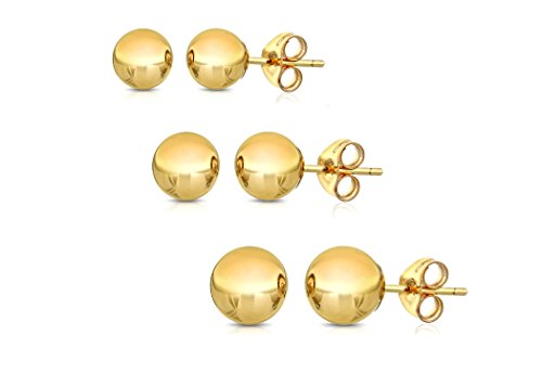 14K Solid Gold Ball Stud Earrings (3-Pair-Pack) 3MM 4MM and 5MM - Choose a Color