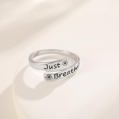 Dandelion Just Breathe Ring for Women 925 Sterling Silver Adjustable Hope Inspirational Jewelry Encouragement Gifts - Image 5