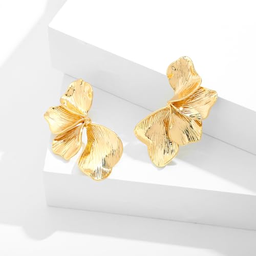 Chunky Gold Statement Earrings For Women Gold Plated Sectored Flower Leaf Shell Angel Wing Earrings Large Stud Earrings Hypoallergenic Earrings - Image 7
