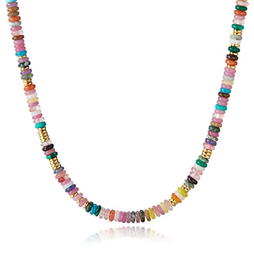 Boho Beaded Choker Necklace for Women, Gemstone Choker Natural Stone Freshwater Pearl Surfer Necklaces 14K Gold Plated Summer Beach Handmade Jewelry