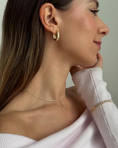 14K Gold Plated Sterling Silver Post Small Chunky Hoops Earrings | Thick Lightweight Gold Hoop Earrings for Women - Image 6