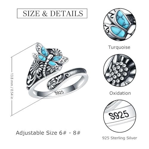 S925-Sterling-Silver Turquoise Dragonfly/Butterfly Spoon Ring - Vintage Boho Sunflower Thumb Rings Oxidized Wrap Ring Victorian Style Antique Floral Jewelry Gifts for Women - Image 7