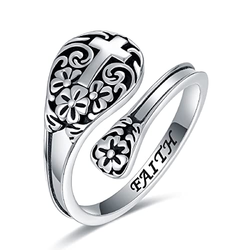 925 Sterling Silver Cross Spoon Ring - Oxidized Vintage Flower Faith Rings Adjustable Size Inspirational Jewelry
