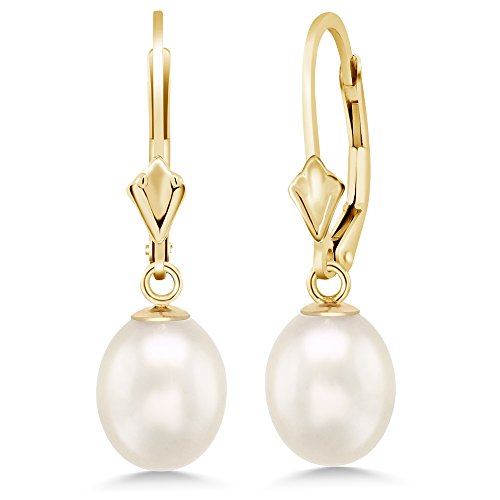 14K Yellow Gold 9MM Cultured Freshwater Pearl Dangle Earrings For Women