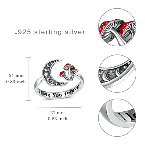Moon Mushroom Ring for Women,925 Sterling Silver Magical Red Mushroom Rings Moon Phase Open Rings,Anniversary Birthday Gifts for Women Teen Mom - Image 6