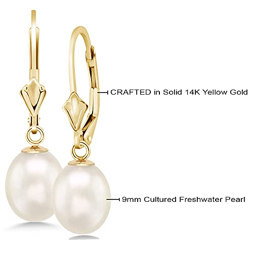 14K Yellow Gold 9MM Cultured Freshwater Pearl Dangle Earrings For Women - Image 7