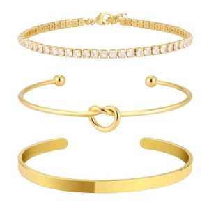 Gold Bangle Cuff Knot Bracelet for Women Stack Non Tarnish 14k Gold Plated Dainty Cubic Zirconia Tennis Bracelets Jewelry Set for Women Trendy