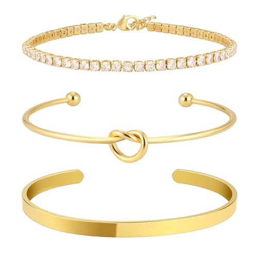 Gold Bangle Cuff Knot Bracelet for Women Stack Non Tarnish 14k Gold Plated Dainty Cubic Zirconia Tennis Bracelets Jewelry Set for Women Trendy
