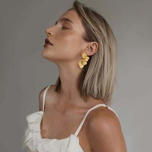 Chunky Gold Statement Earrings For Women Gold Plated Sectored Flower Leaf Shell Angel Wing Earrings Large Stud Earrings Hypoallergenic Earrings - Image 3