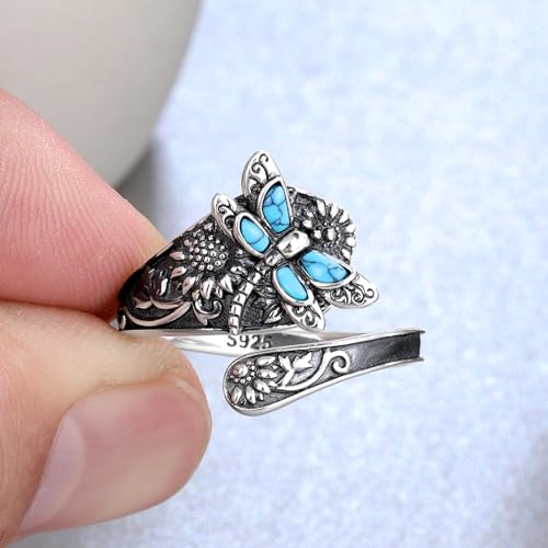 S925-Sterling-Silver Turquoise Dragonfly/Butterfly Spoon Ring - Vintage Boho Sunflower Thumb Rings Oxidized Wrap Ring Victorian Style Antique Floral Jewelry Gifts for Women - Image 4