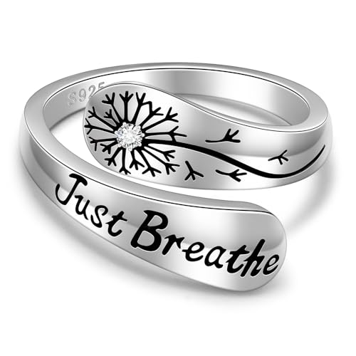 Hope Just Breathe Rings for Women Just Breathe Ring 925 Sterling Silver Dandelion Inspirational Encouragement Adjustable Mothers Day Gifts Size 7