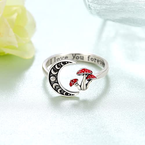 Moon Mushroom Ring for Women,925 Sterling Silver Magical Red Mushroom Rings Moon Phase Open Rings,Anniversary Birthday Gifts for Women Teen Mom - Image 5