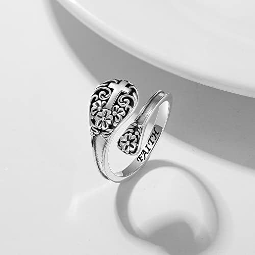 925 Sterling Silver Cross Spoon Ring - Oxidized Vintage Flower Faith Rings Adjustable Size Inspirational Jewelry - Image 4