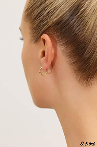 14k Gold Hand Engraved Diamond-cut Round Hoop Earrings, (0.5 inch Diameter) - Image 4