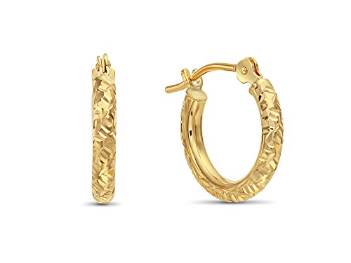 14k Gold Hand Engraved Diamond-cut Round Hoop Earrings, (0.5 inch Diameter)