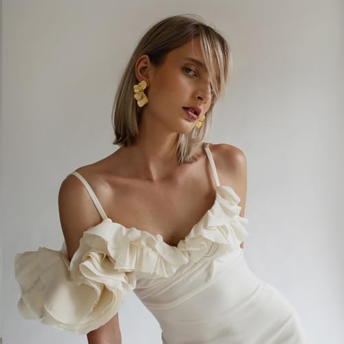 Chunky Gold Statement Earrings For Women Gold Plated Sectored Flower Leaf Shell Angel Wing Earrings Large Stud Earrings Hypoallergenic Earrings - Image 5