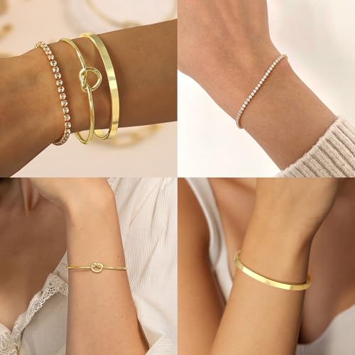 Gold Bangle Cuff Knot Bracelet for Women Stack Non Tarnish 14k Gold Plated Dainty Cubic Zirconia Tennis Bracelets Jewelry Set for Women Trendy - Image 6