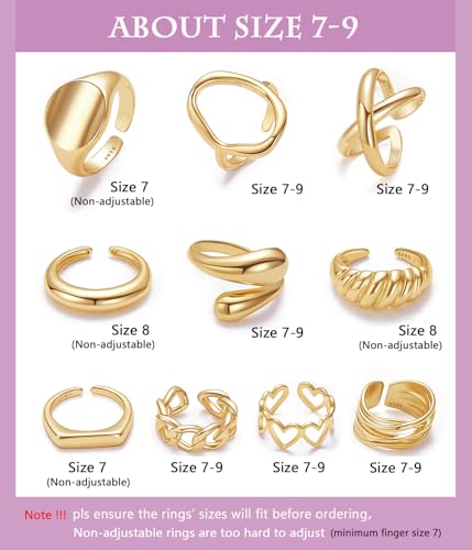 10PCS Gold Dome Chunky Rings for Women 18K Gold Plated Braided Twisted Round Signet Rings Adjustable Open Ring Band Statement Jewelry Size 7-9 - Image 6