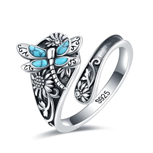 S925-Sterling-Silver Turquoise Dragonfly/Butterfly Spoon Ring - Vintage Boho Sunflower Thumb Rings Oxidized Wrap Ring Victorian Style Antique Floral Jewelry Gifts for Women