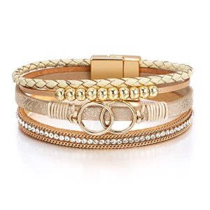 Leopard Bracelet for Women, Boho Leather Wrap Multi-Layer Pearl Crystal Bracelet Bangle Jewelry