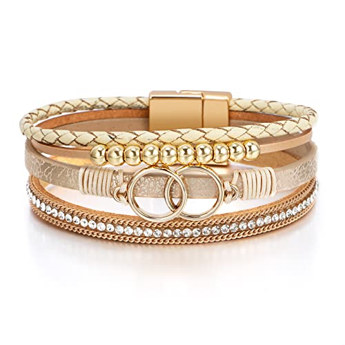 Leopard Bracelet for Women, Boho Leather Wrap Multi-Layer Pearl Crystal Bracelet Bangle Jewelry