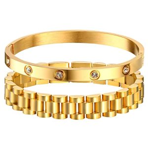 2pcs Gold Chain Link Bracelet, Stainless Steel Crystal Friendship Bracelets Bangle,Watch Band Chains Wristband Jewelry with Adjust Tool