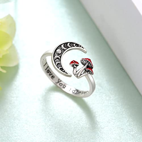 Moon Mushroom Ring for Women,925 Sterling Silver Magical Red Mushroom Rings Moon Phase Open Rings,Anniversary Birthday Gifts for Women Teen Mom - Image 4
