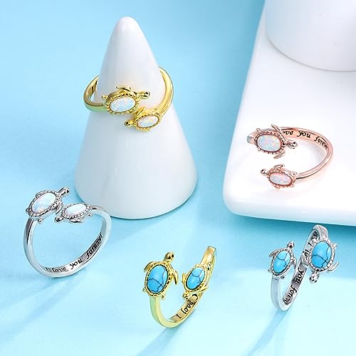 925-Sterling-Silver Opal/Turquoise Sea Turtle/Dolphin/Sea Life Ring - Inspirational I Love You Forever Adjustable Open Nature Ocean Mother Daughter Ring Cute Animal Jewelry Gifts for Women - Image 4