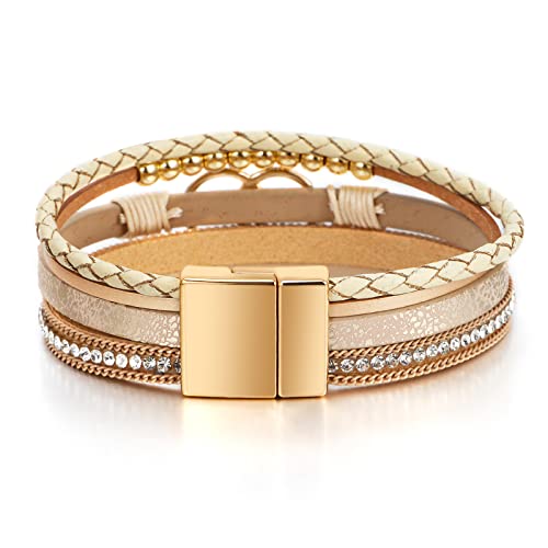 Leopard Bracelet for Women, Boho Leather Wrap Multi-Layer Pearl Crystal Bracelet Bangle Jewelry - Image 4