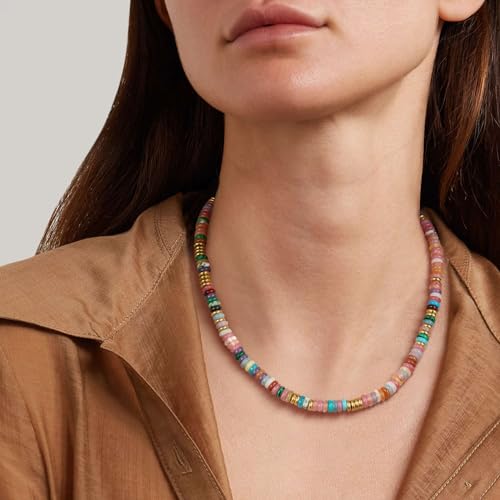 Boho Beaded Choker Necklace for Women, Gemstone Choker Natural Stone Freshwater Pearl Surfer Necklaces 14K Gold Plated Summer Beach Handmade Jewelry - Image 3