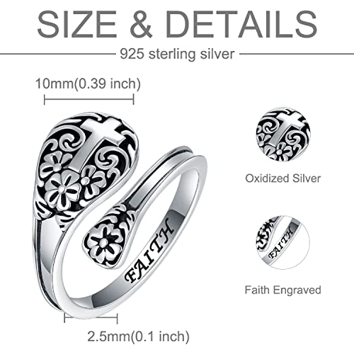 925 Sterling Silver Cross Spoon Ring - Oxidized Vintage Flower Faith Rings Adjustable Size Inspirational Jewelry - Image 6