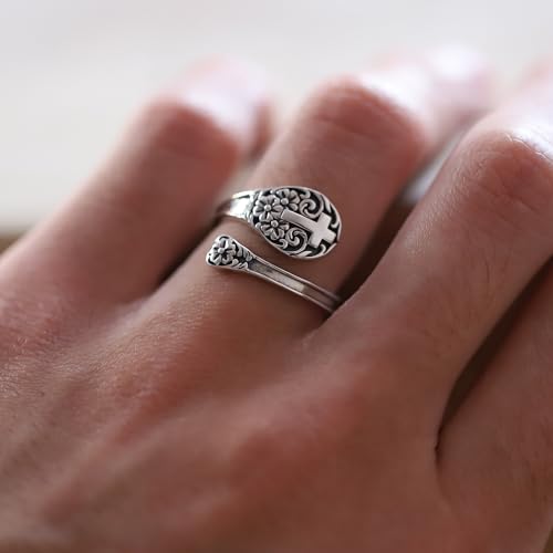 925 Sterling Silver Cross Spoon Ring - Oxidized Vintage Flower Faith Rings Adjustable Size Inspirational Jewelry - Image 7