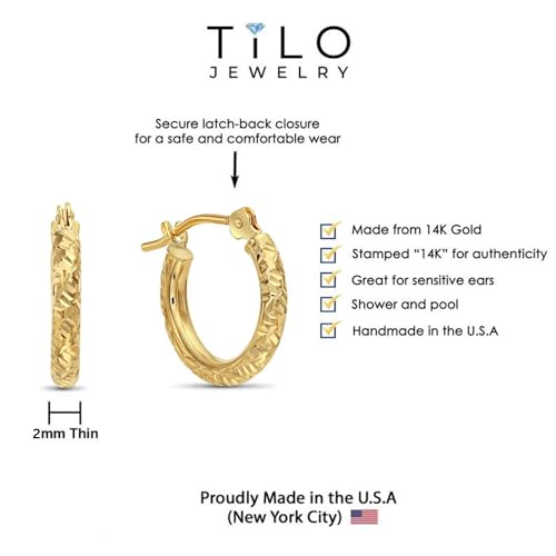 14k Gold Hand Engraved Diamond-cut Round Hoop Earrings, (0.5 inch Diameter) - Image 5