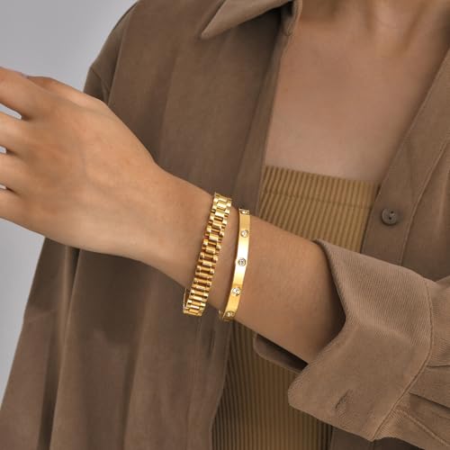 2pcs Gold Chain Link Bracelet, Stainless Steel Crystal Friendship Bracelets Bangle,Watch Band Chains Wristband Jewelry with Adjust Tool - Image 4