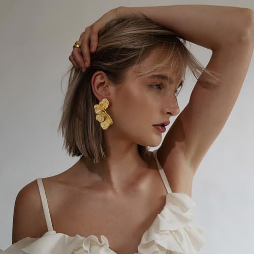 Chunky Gold Statement Earrings For Women Gold Plated Sectored Flower Leaf Shell Angel Wing Earrings Large Stud Earrings Hypoallergenic Earrings - Image 4