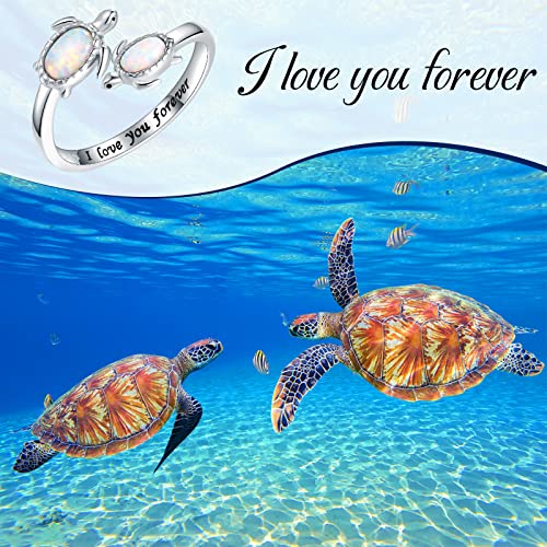 925-Sterling-Silver Opal/Turquoise Sea Turtle/Dolphin/Sea Life Ring - Inspirational I Love You Forever Adjustable Open Nature Ocean Mother Daughter Ring Cute Animal Jewelry Gifts for Women - Image 3