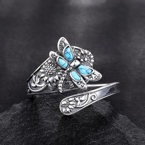 S925-Sterling-Silver Turquoise Dragonfly/Butterfly Spoon Ring - Vintage Boho Sunflower Thumb Rings Oxidized Wrap Ring Victorian Style Antique Floral Jewelry Gifts for Women - Image 3