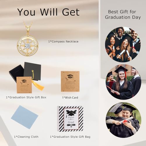 Graduation Gifts for Her, Inspirational Graduates Compass Necklace for Women Girls Jewelry, Class of Senior High School College Graduation Gifts for Friends with Congrats Grad Box and Gift Card (18K Gold Filled 925 Sterling Silver necklace) - Image 7