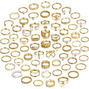 68 Pcs Gold Knuckle Rings Set for Women, Stackable Rings Boho Joint Finger Midi Rings Silver Hollow Carved Crystal Stacking Rings Pack for Gift