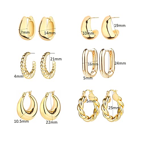 6 Pairs 14K Gold Hoop Earrings for Women Lightweight Chunky Hoop Earrings Multipack Hypoallergenic, Thick Open Twisted Huggie Hoops Earring Set Jewelry for Gifts. - Image 7