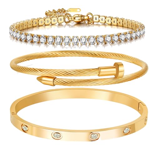 18 K Gold Plated Love Bangle Bracelet Set Flexible Wide Wristband Bangle Bangle Set for Love