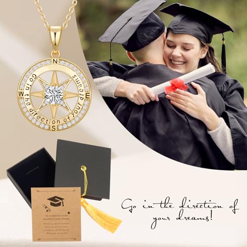 Graduation Gifts for Her, Inspirational Graduates Compass Necklace for Women Girls Jewelry, Class of Senior High School College Graduation Gifts for Friends with Congrats Grad Box and Gift Card (18K Gold Filled 925 Sterling Silver necklace) - Image 3