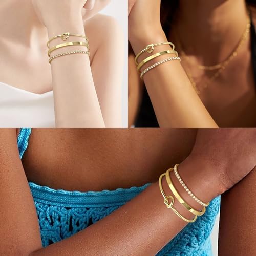 Gold Bangle Cuff Knot Bracelet for Women Stack Non Tarnish 14k Gold Plated Dainty Cubic Zirconia Tennis Bracelets Jewelry Set for Women Trendy - Image 3